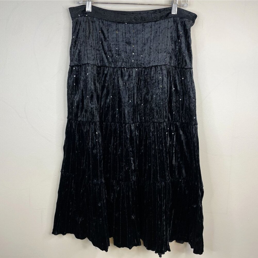 Vintage Whimsigoth Fairy Grunge Velvet Skirt Large Black Tiered Midi Sequin Zip